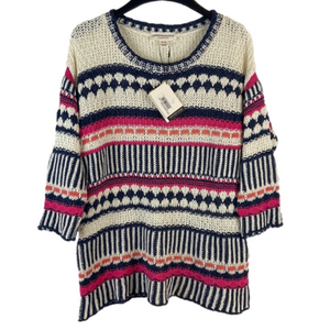 Cotton Country Cream Blue Pink Loose Open Knit Pullover Sweater Size Medium